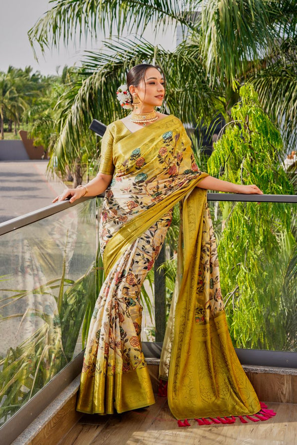 Dazzling Golden Zari Border White Color Organza Saree