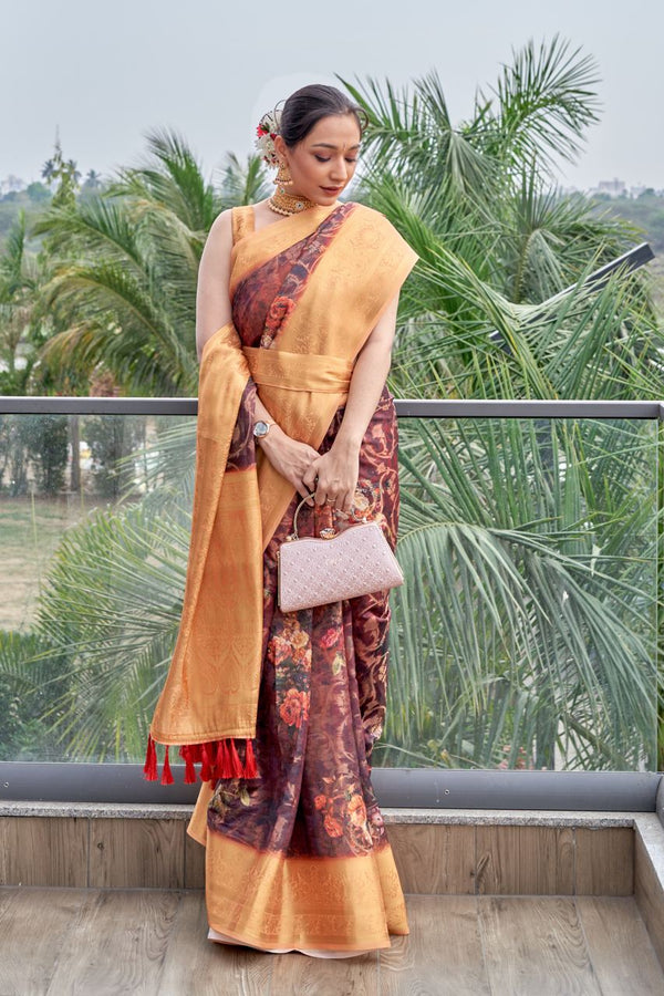 Dazzling Golden Zari Border Wine Color Organza Saree