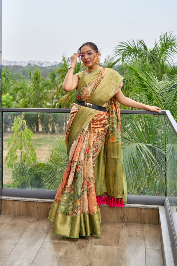 Dazzling Golden Zari Border Multi Color Organza Saree