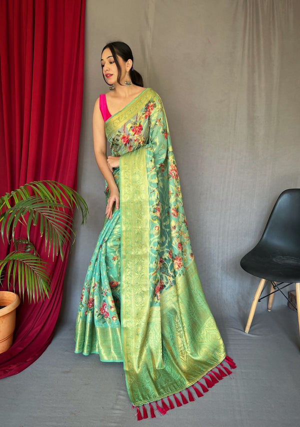 Stunning Digital Print Organza Aqua Green Color Saree