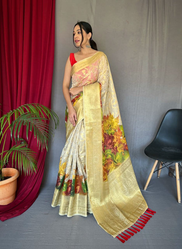 Stunning Digital Print Organza Off White Color Saree