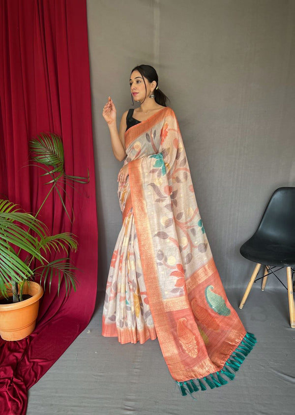 All Over Unique Design Printed Peach Color Saree