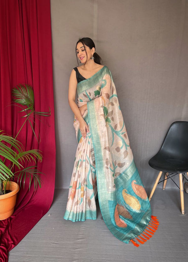 All Over Unique Design Printed Sky Blue Color Saree