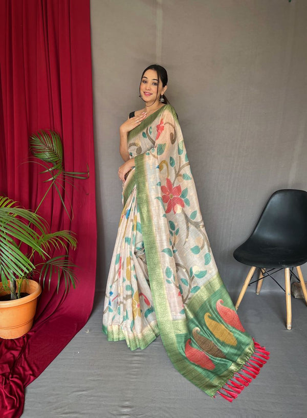 All Over Unique Design Printed Green Color Saree