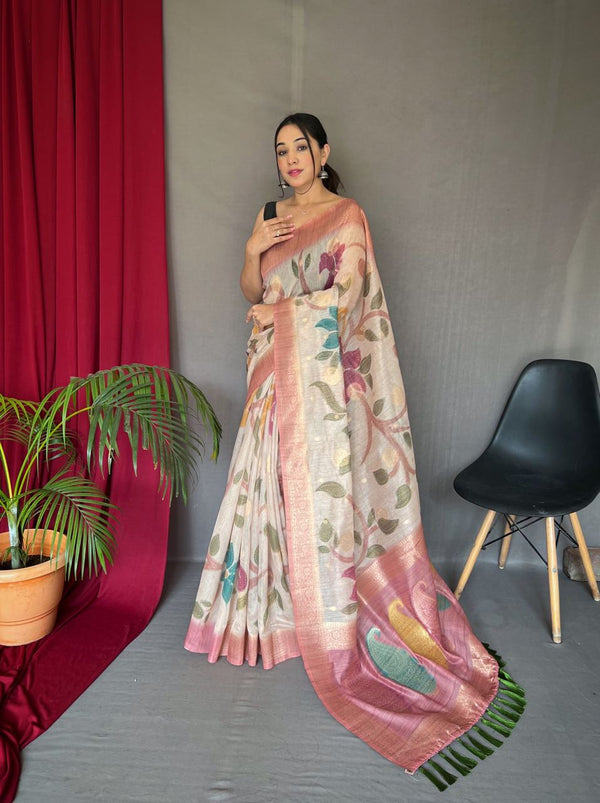 All Over Unique Design Printed Pink Color Saree