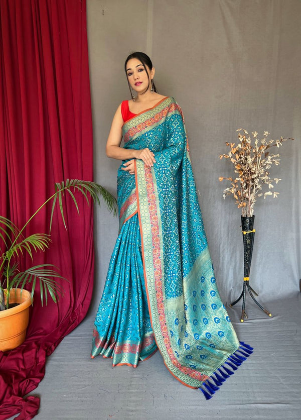 Sky Blue Color Meenakari Rich Pallu Patola Saree