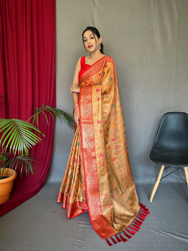 Opulent Mustard Color Zari Weaving Work Saree