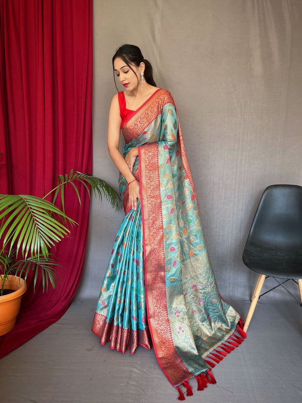 Opulent Sky Blue Zari Weaving Work Saree