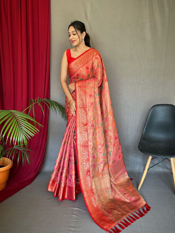 Opulent Peach Color Zari Weaving Work Saree