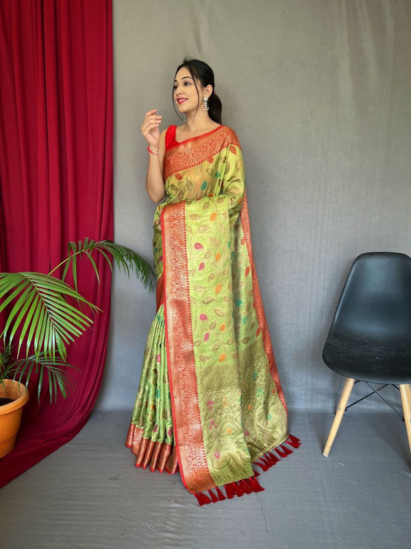 Opulent Parrot Green Zari Weaving Work Saree