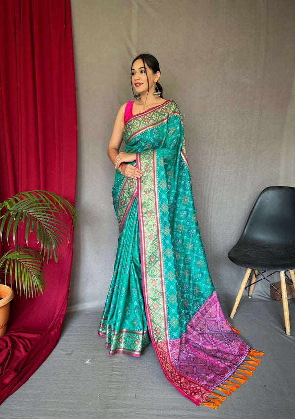 Wedding Wear Aqua Color Meenakari Patola Saree
