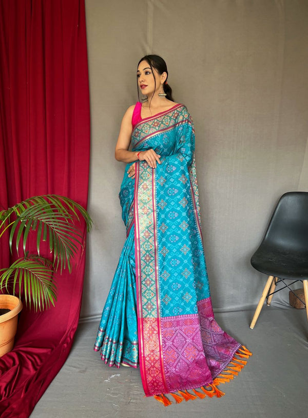 Wedding Wear Sky Blue Color Meenakari Patola Saree