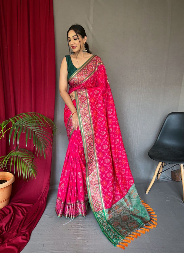 Wedding Wear Pink Color Meenakari Patola Saree