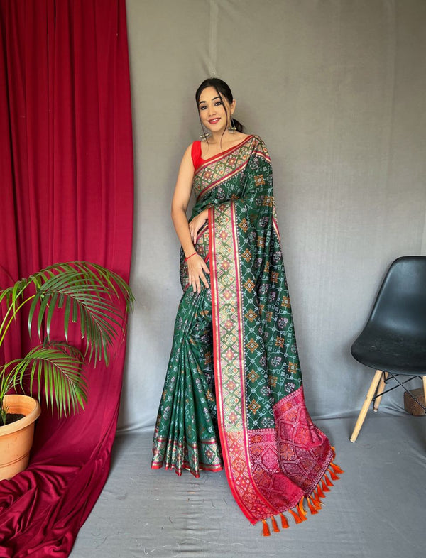 Wedding Wear Green Color Meenakari Patola Saree