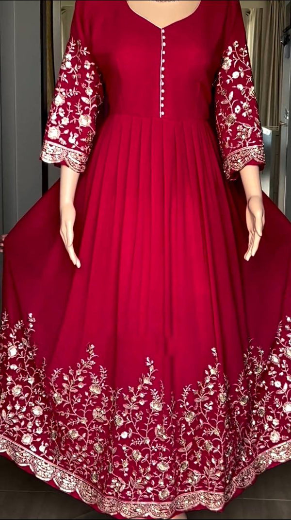 Stunning Sequence Embroidery Work Dark Pink Gown