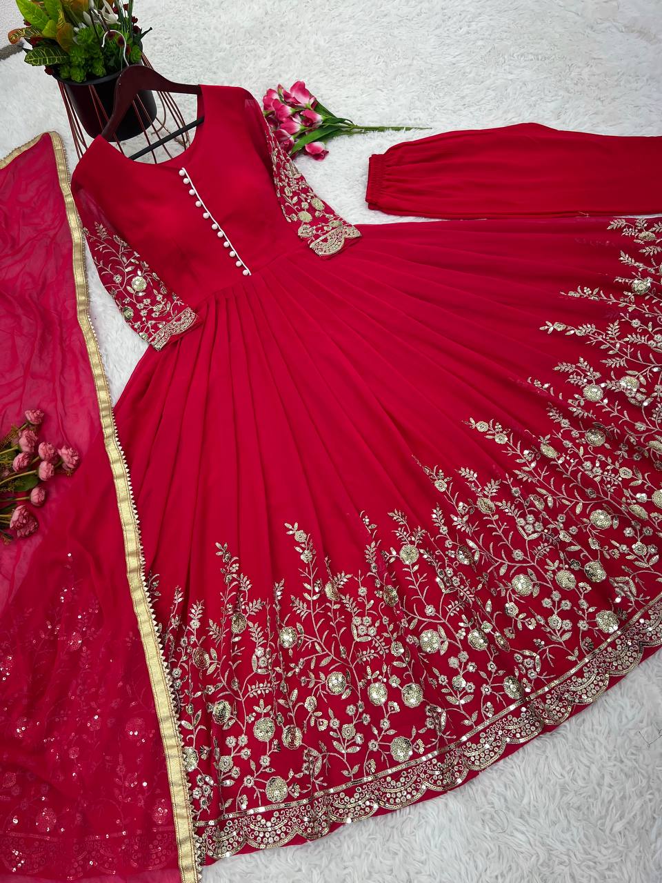 Stunning Sequence Embroidery Work Dark Pink Gown