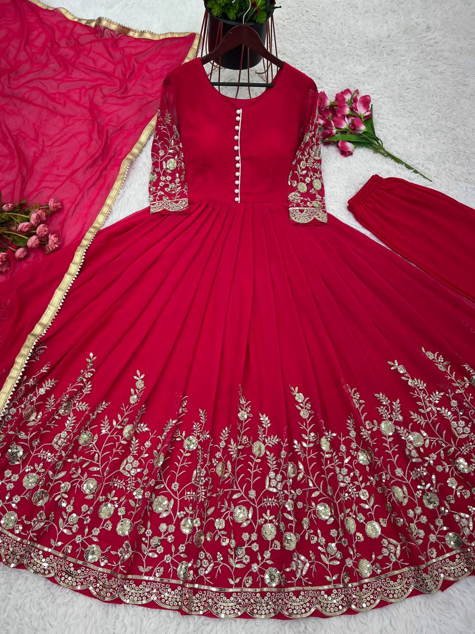 Stunning Sequence Embroidery Work Dark Pink Gown