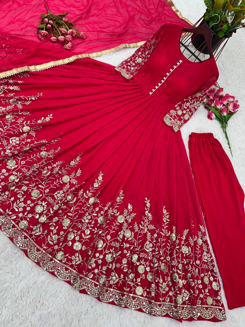 Stunning Sequence Embroidery Work Dark Pink Gown