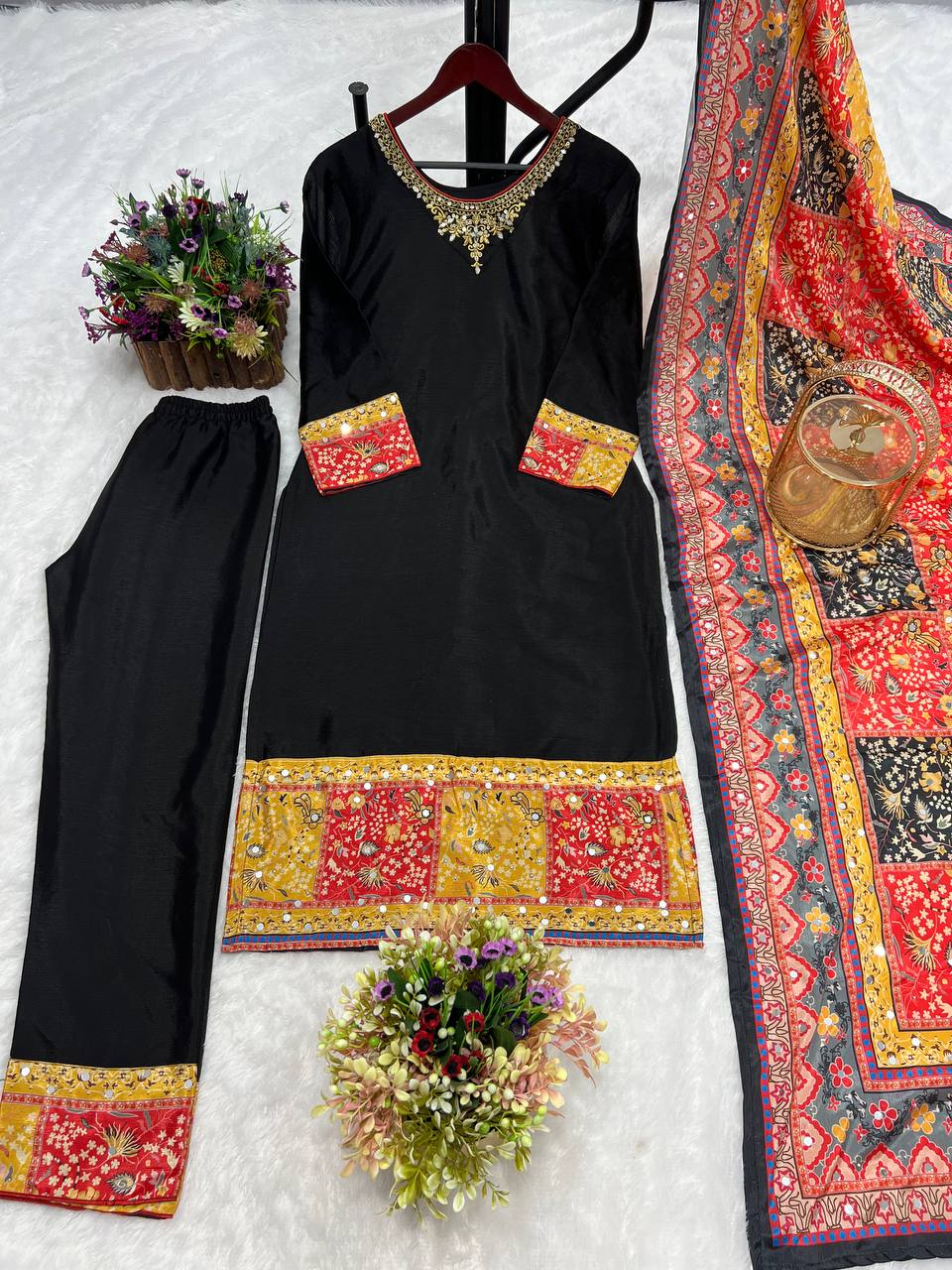 Excellent Sequence Work With Multi Print Black Kurti Set