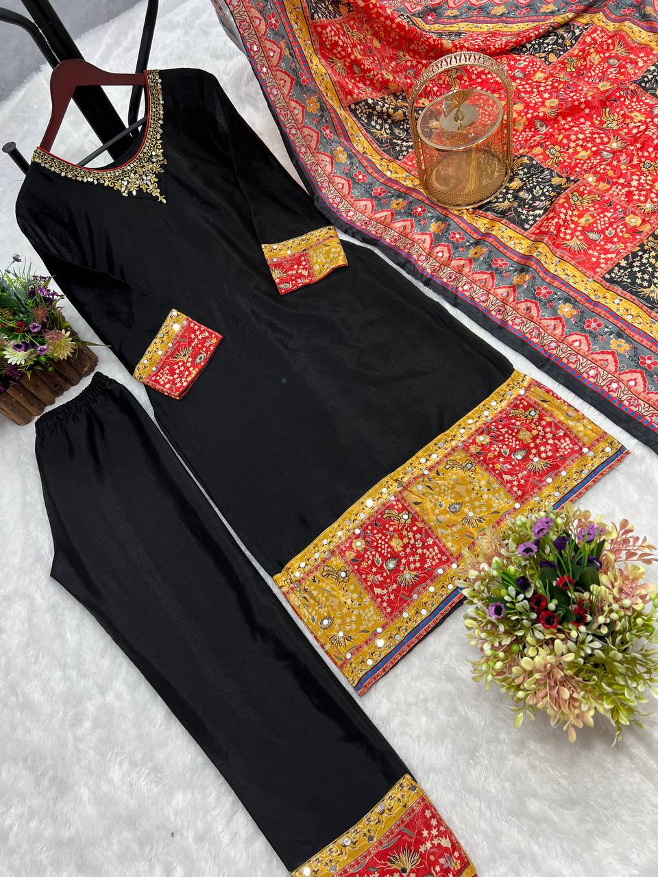 Excellent Sequence Work With Multi Print Black Kurti Set