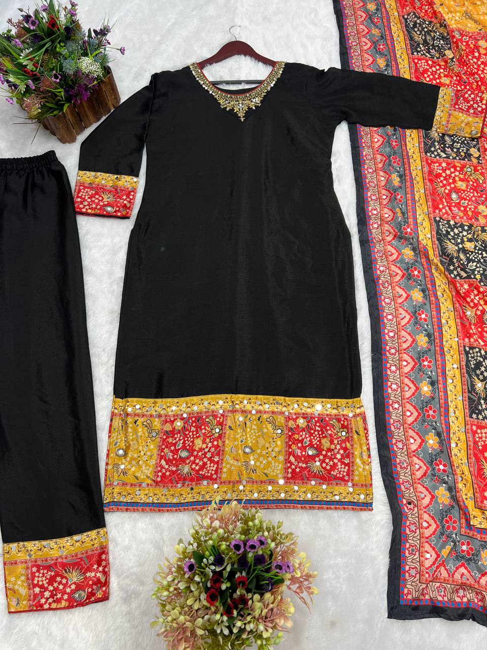 Excellent Sequence Work With Multi Print Black Kurti Set