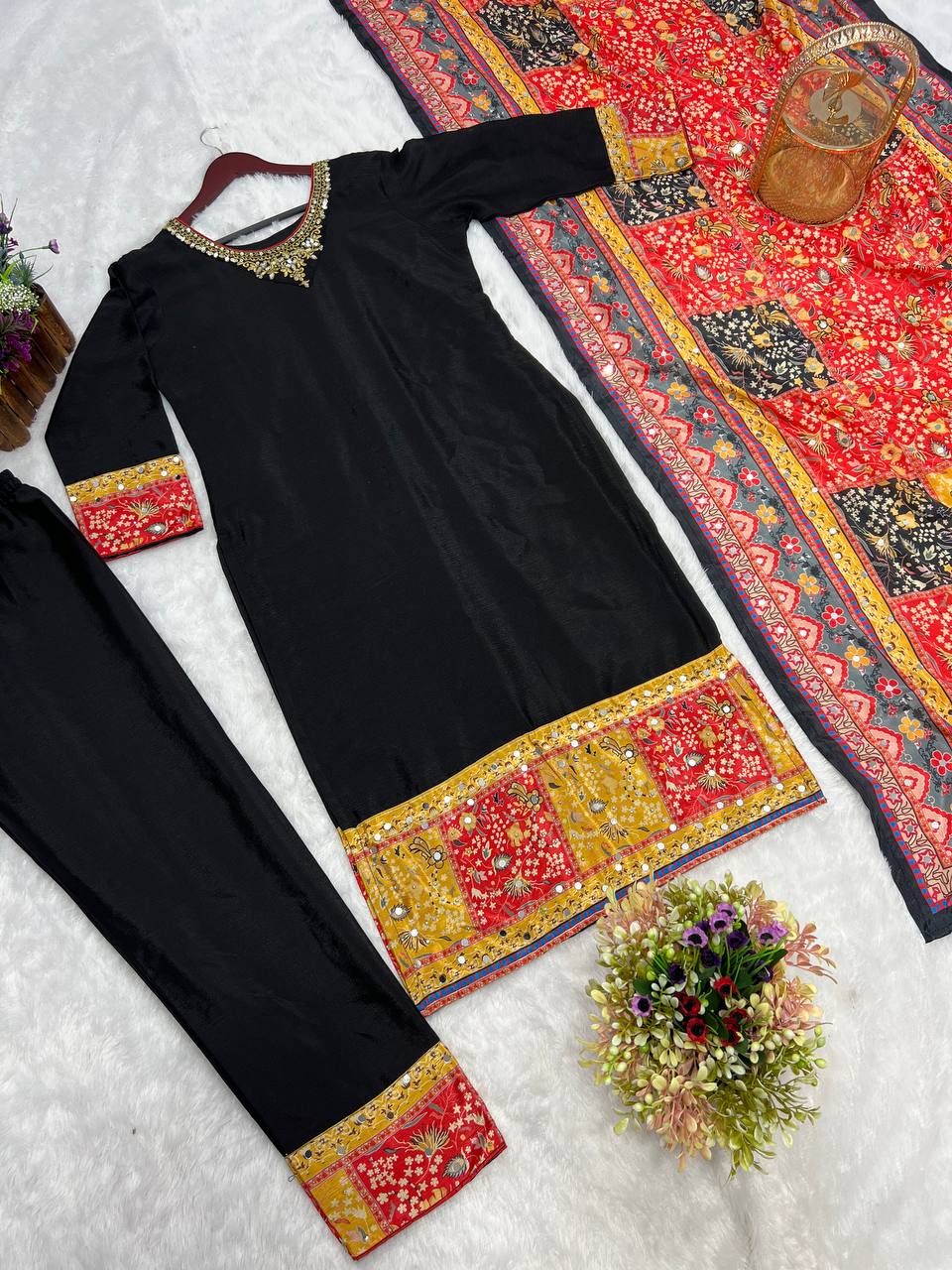 Excellent Sequence Work With Multi Print Black Kurti Set