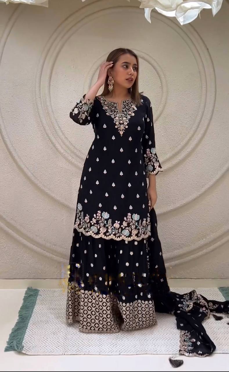 Good Looking Multi Thread Work Black Sharara Suit