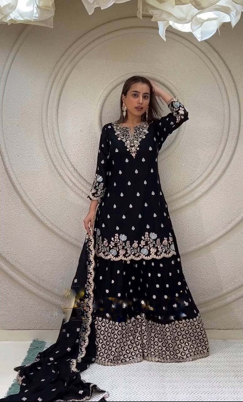 Good Looking Multi Thread Work Black Sharara Suit