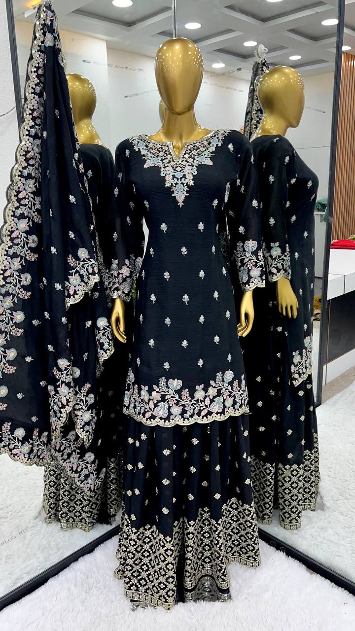 Good Looking Multi Thread Work Black Sharara Suit