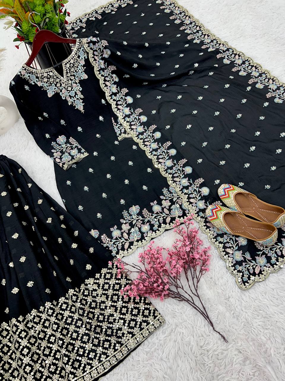 Good Looking Multi Thread Work Black Sharara Suit