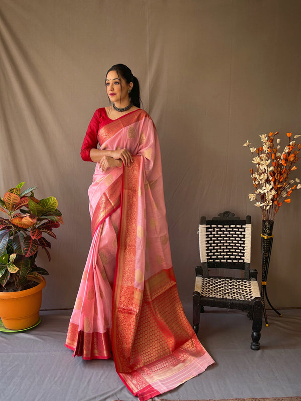 Pink Color Contrast Border And Pallu Linen Saree