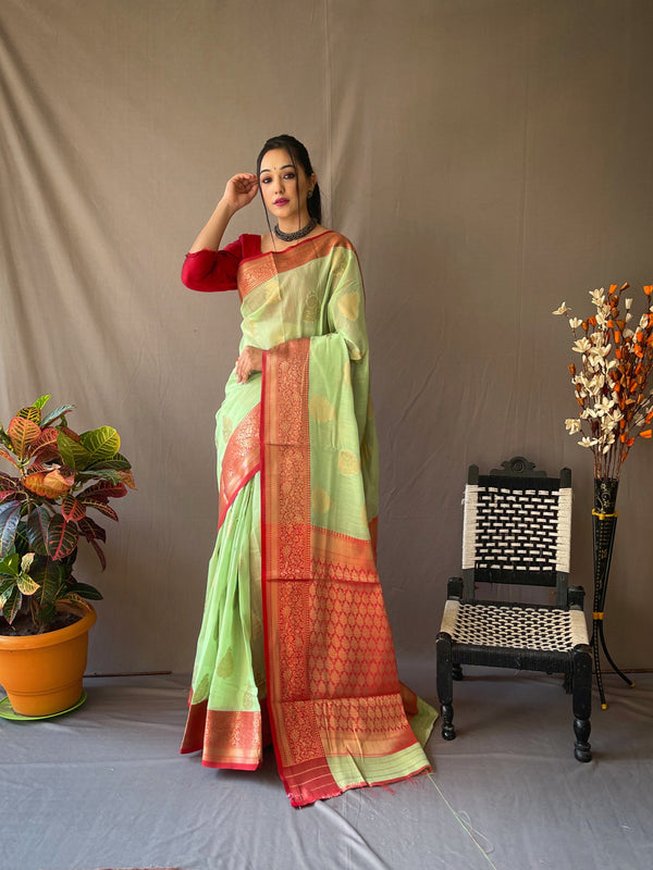 Pista Color Contrast Border And Pallu Linen Saree