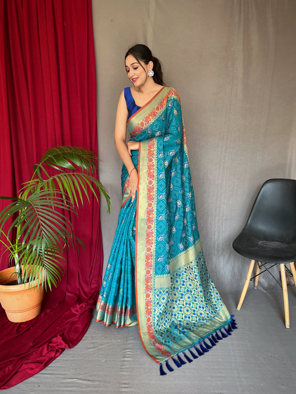 Meenakari Border And Rich Pallu Sky Blue Patola Saree