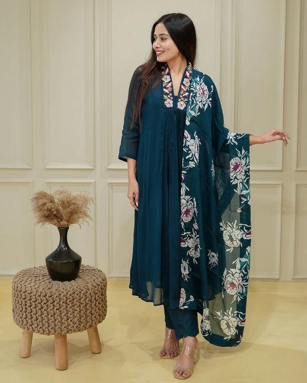 Embellished Teal Blue Color Chinon And Full Flared With Embroidered Work Designer kurta Set