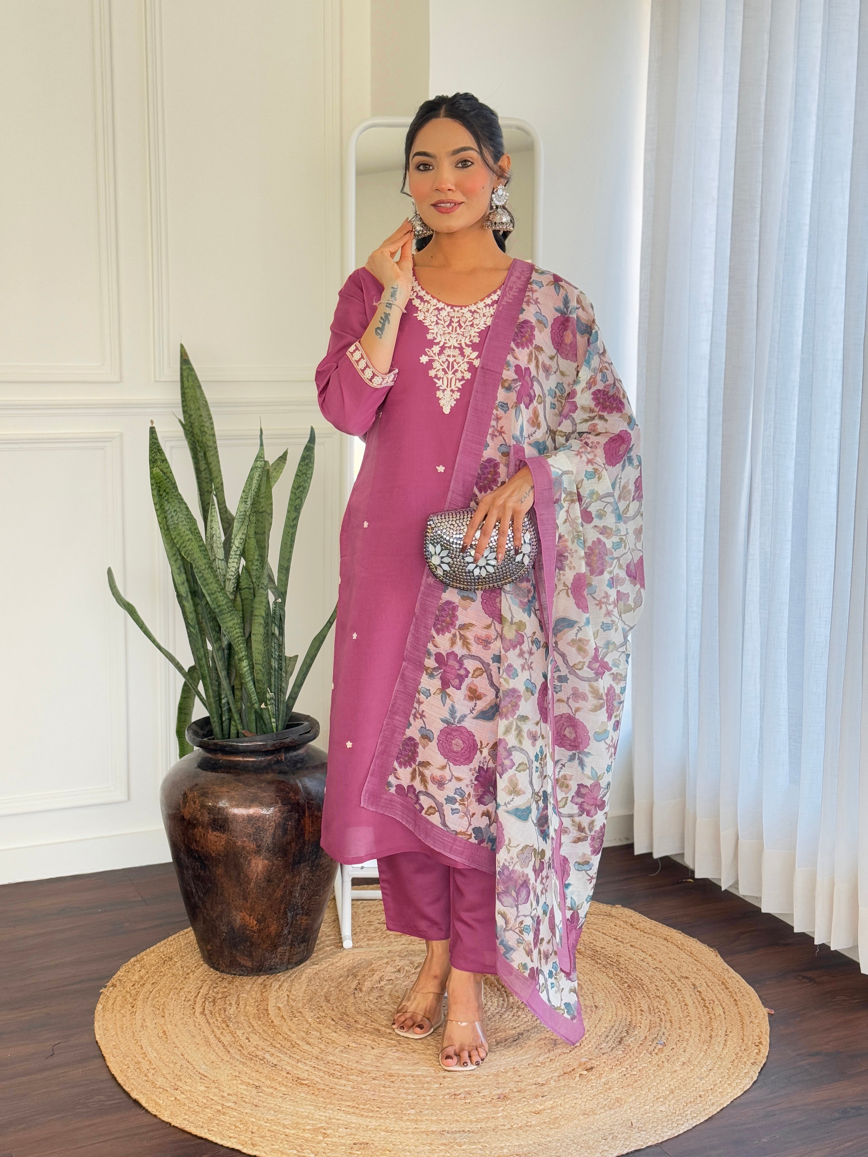Graceful Pink Color Viscose Chanderi With Embroidery Work Designer Kurta Set