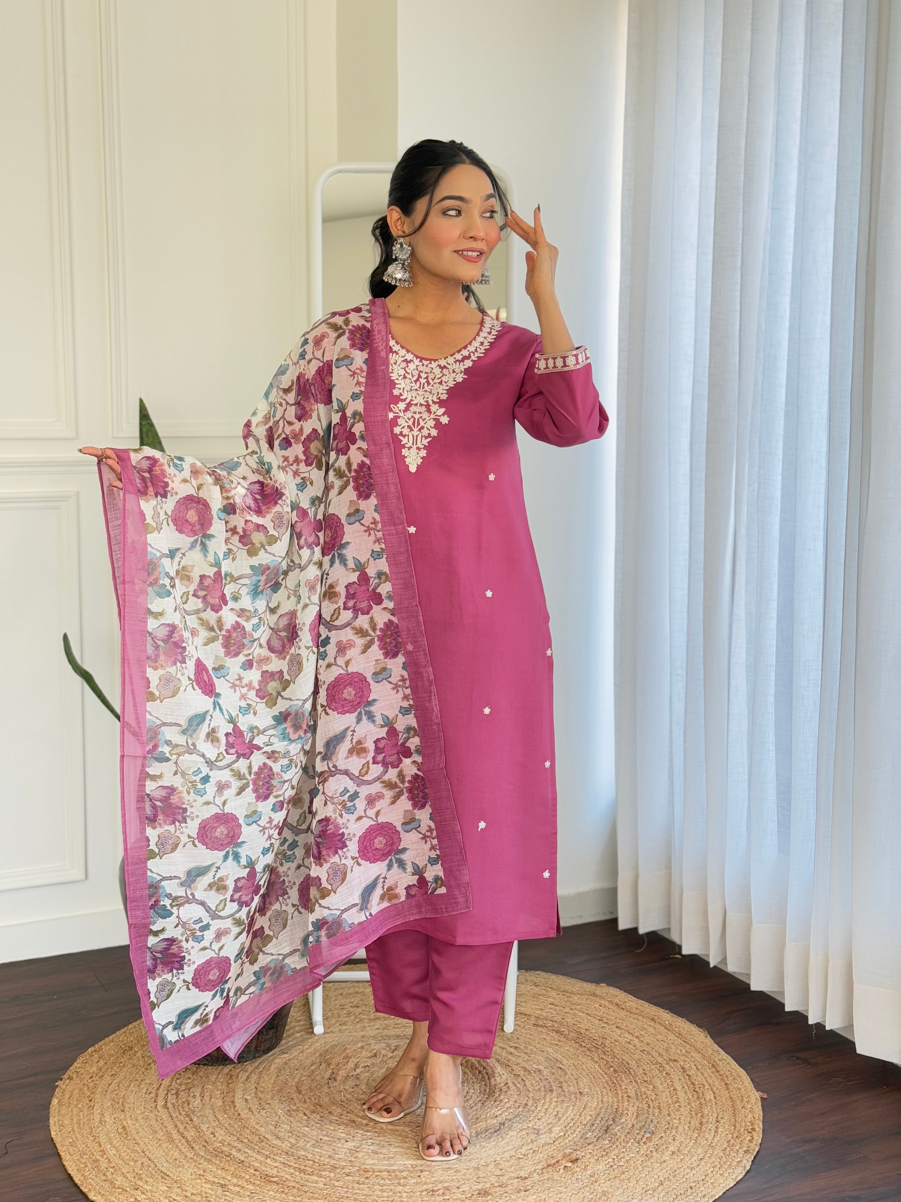 Graceful Pink Color Viscose Chanderi With Embroidery Work Designer Kurta Set