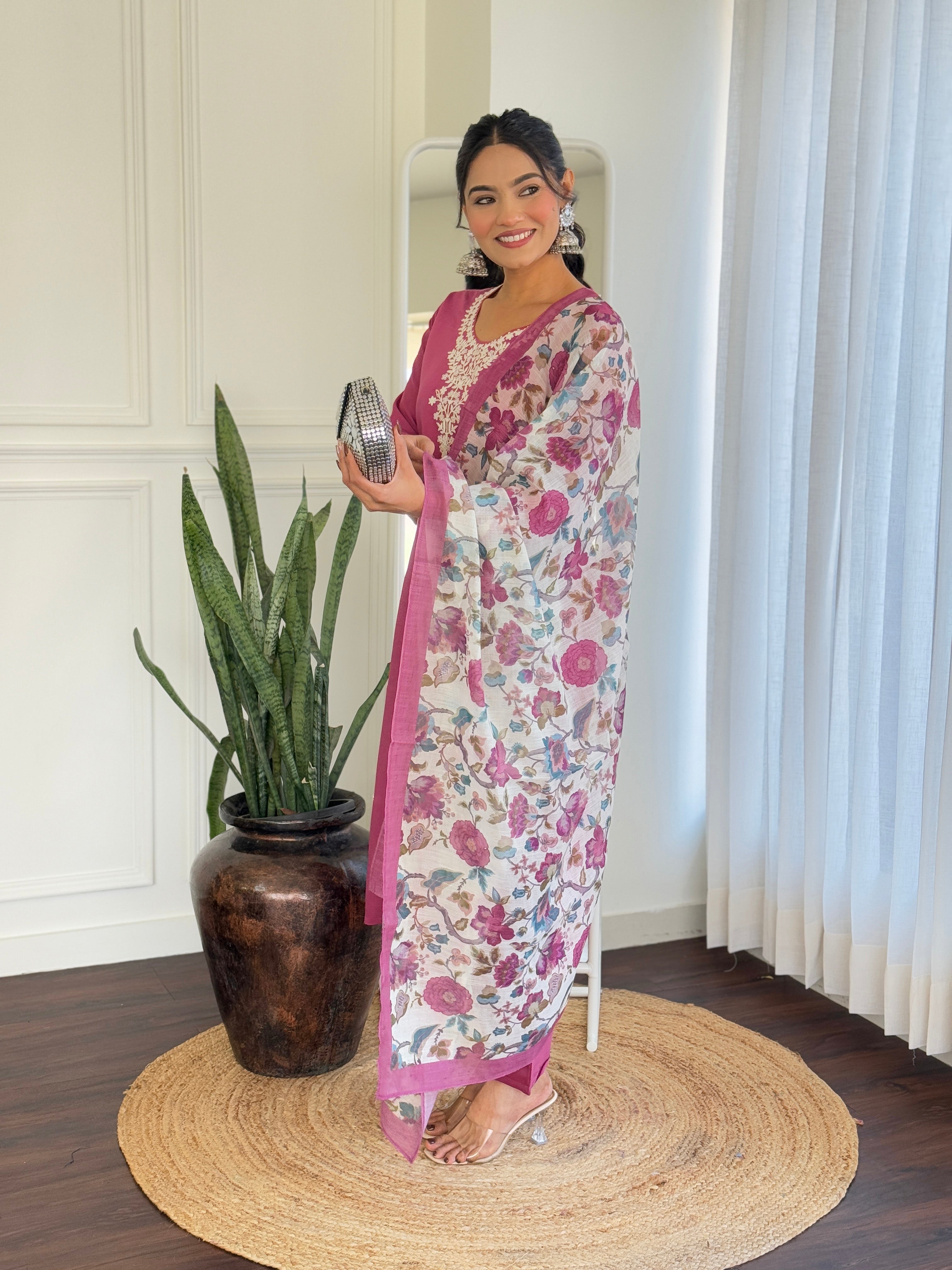 Graceful Pink Color Viscose Chanderi With Embroidery Work Designer Kurta Set