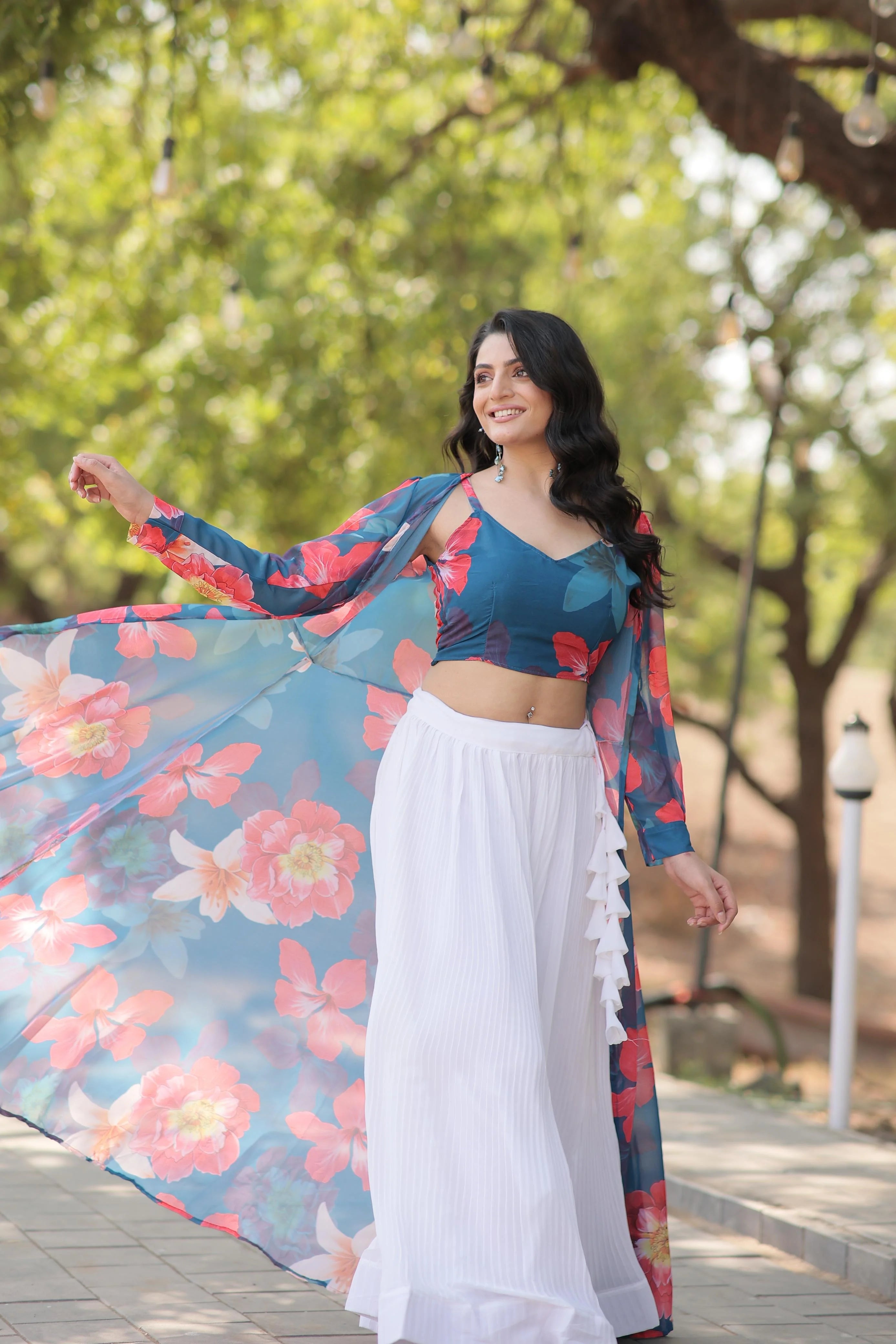 Engagement Wear White Lehenga With Blue Flower Print Blouse and Shrug