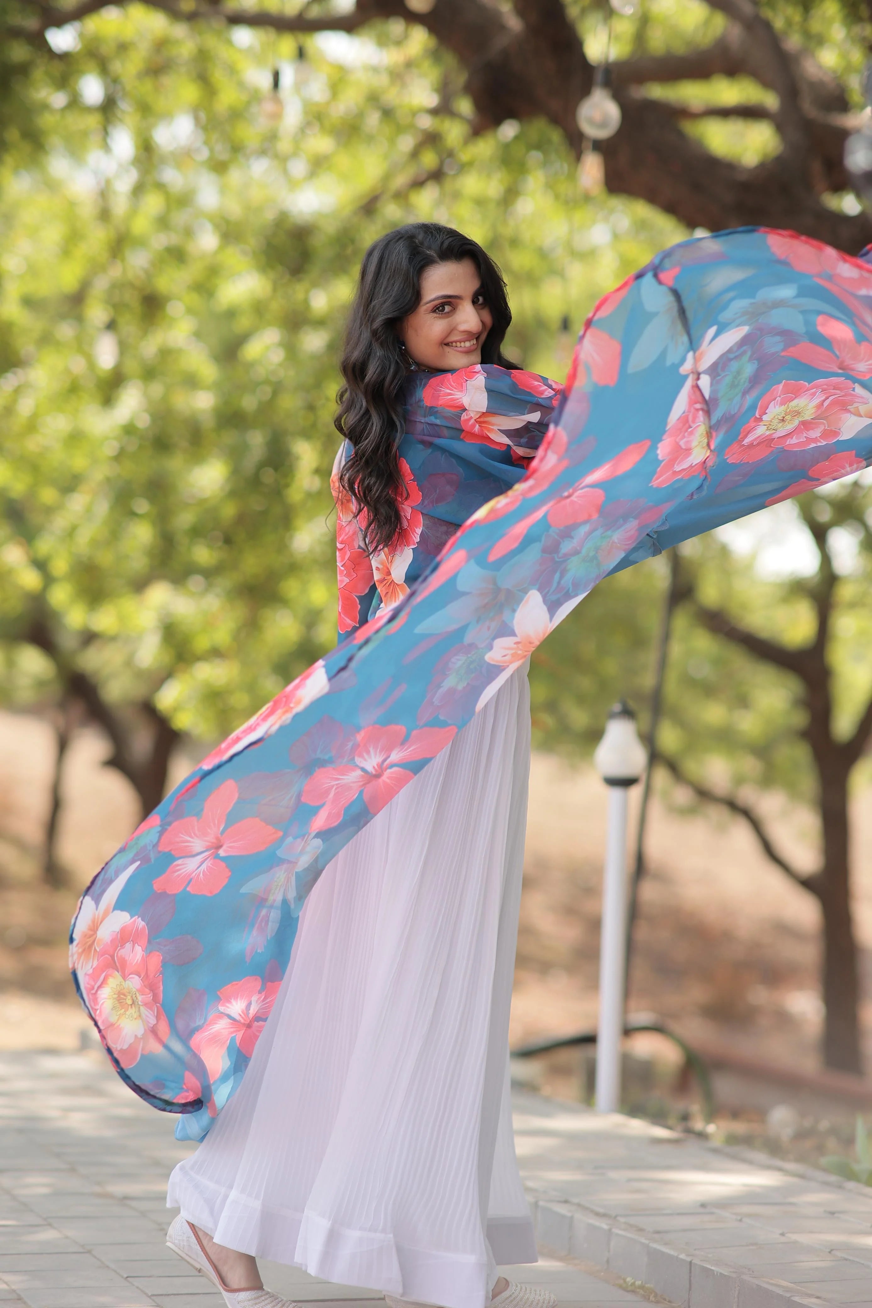 Engagement Wear White Lehenga With Blue Flower Print Blouse and Shrug