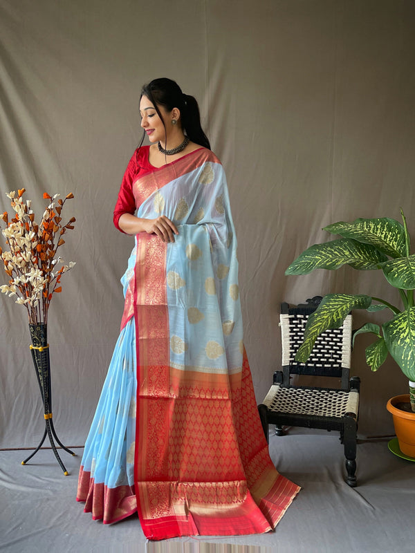 Sky Blue Color Contrast Border And Pallu Linen Saree
