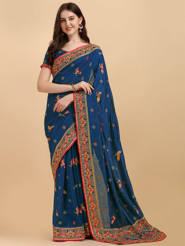 Party Wear Navy Blue Color Embroidered Work Vichitra Silk Saree