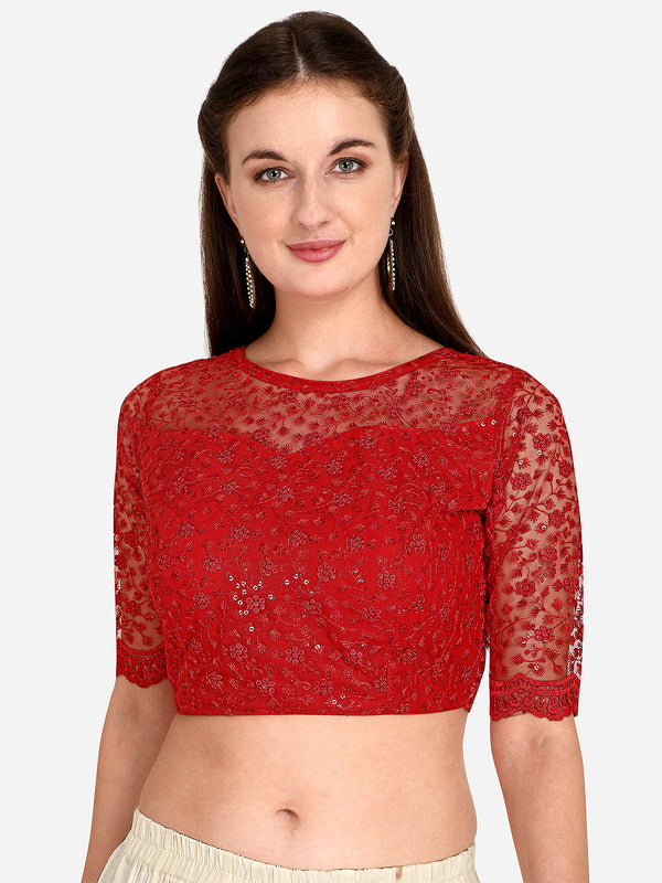 Beautiful Red Color Embroidered & Sequence Work Net Blouse