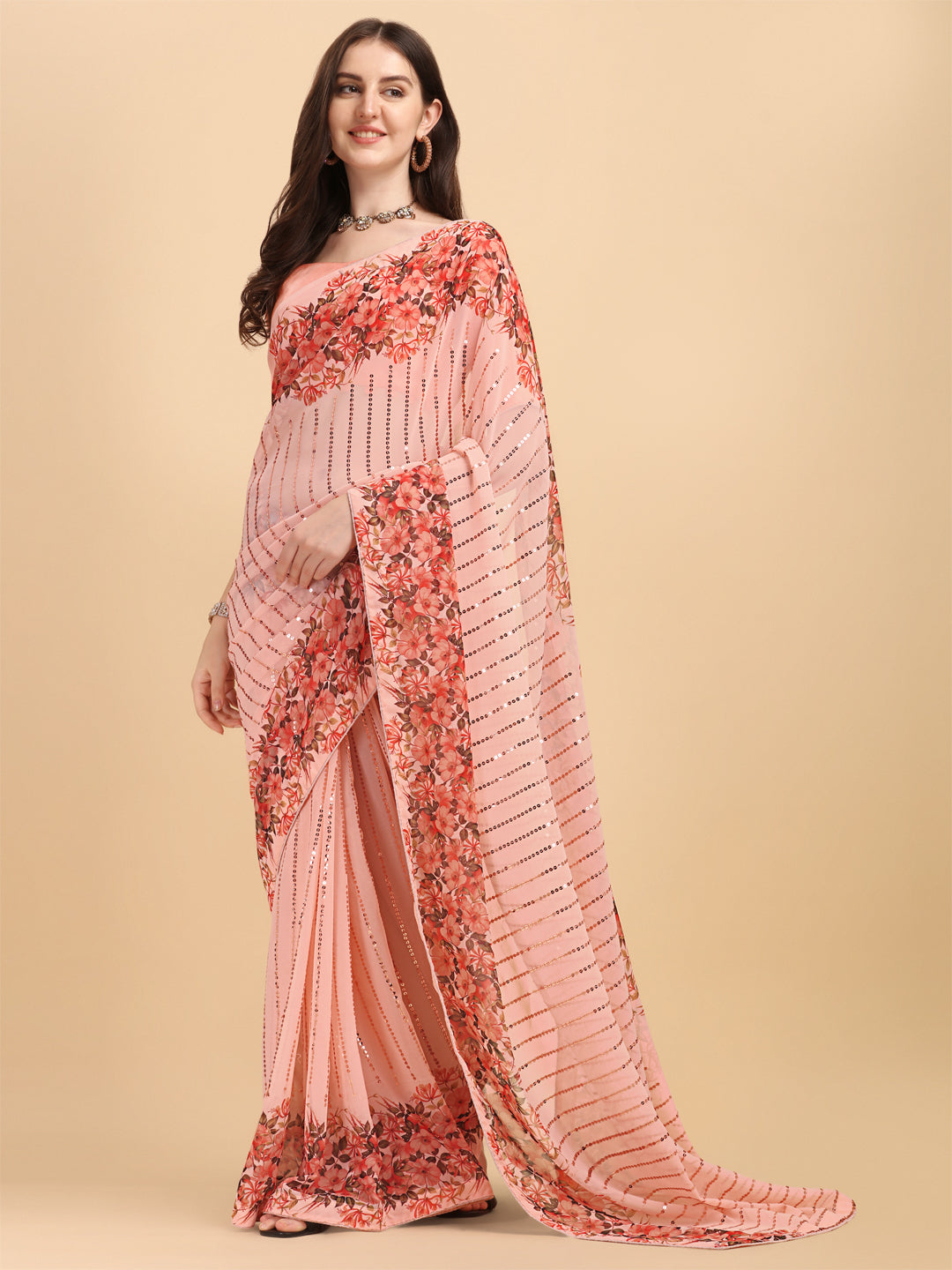 Peach Color Sequence Work Party Wear Saree