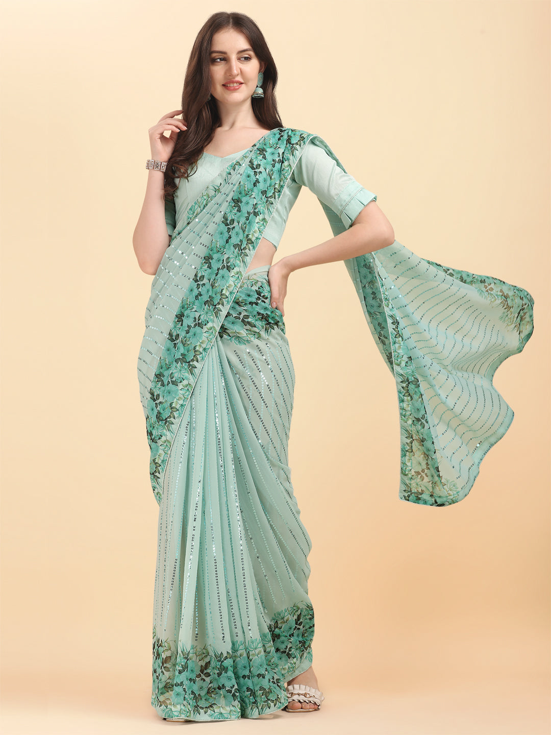 Pista Color Sequence Work Party Wear Saree