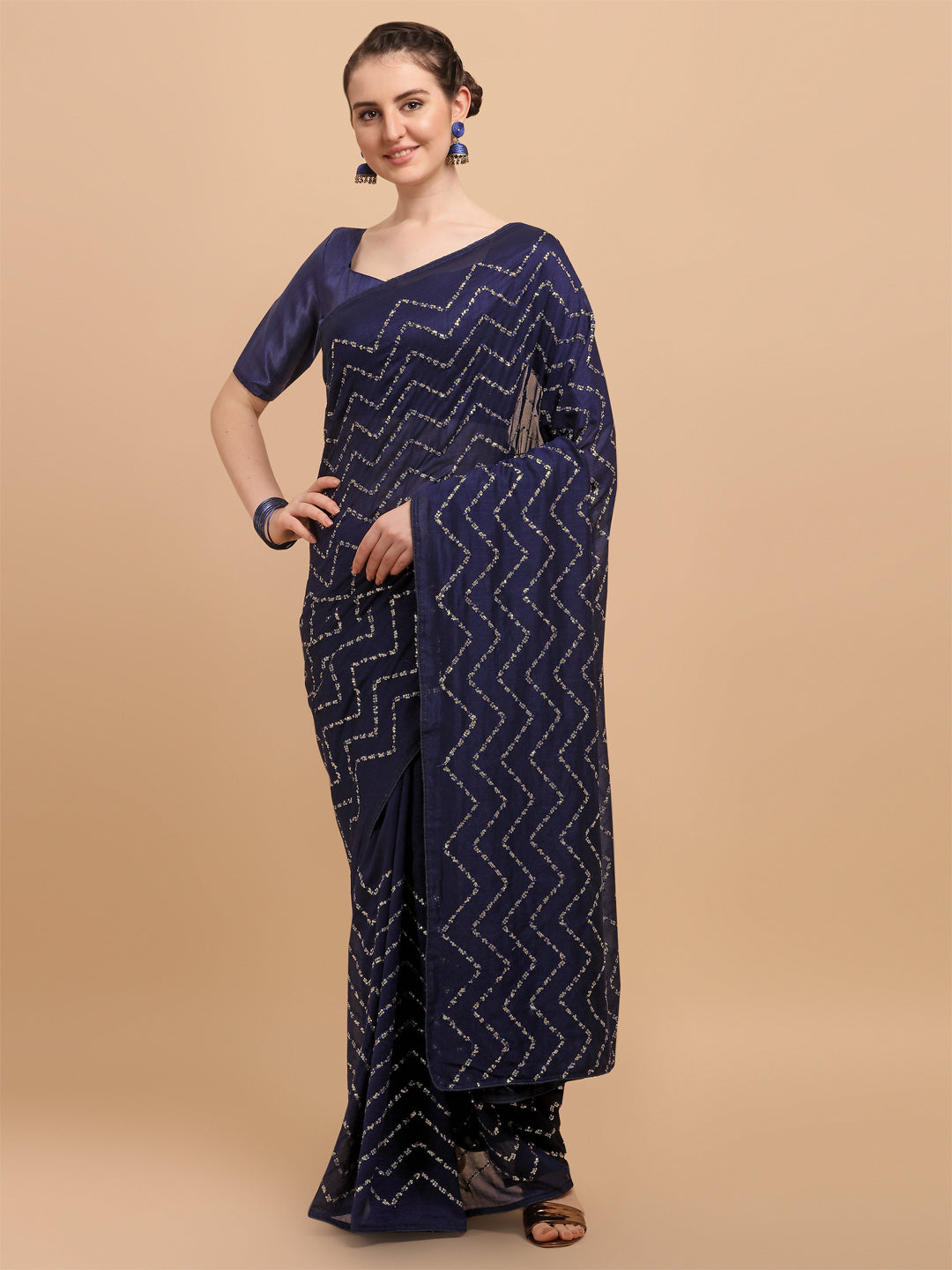 Navy Blue Sequence Vichitra Blooming Saree