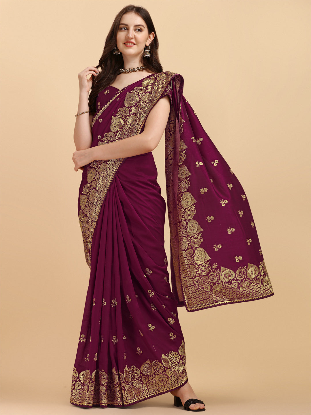 Party Wear Purple Color Embroidered Work Vichitra Silk Saree