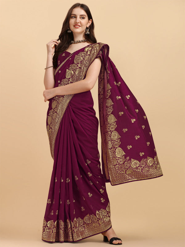 Party Wear Purple Color Embroidered Work Vichitra Silk Saree