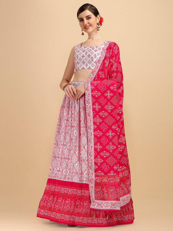 White & Pink Color Digital Printed Crushed Lehenga Choli