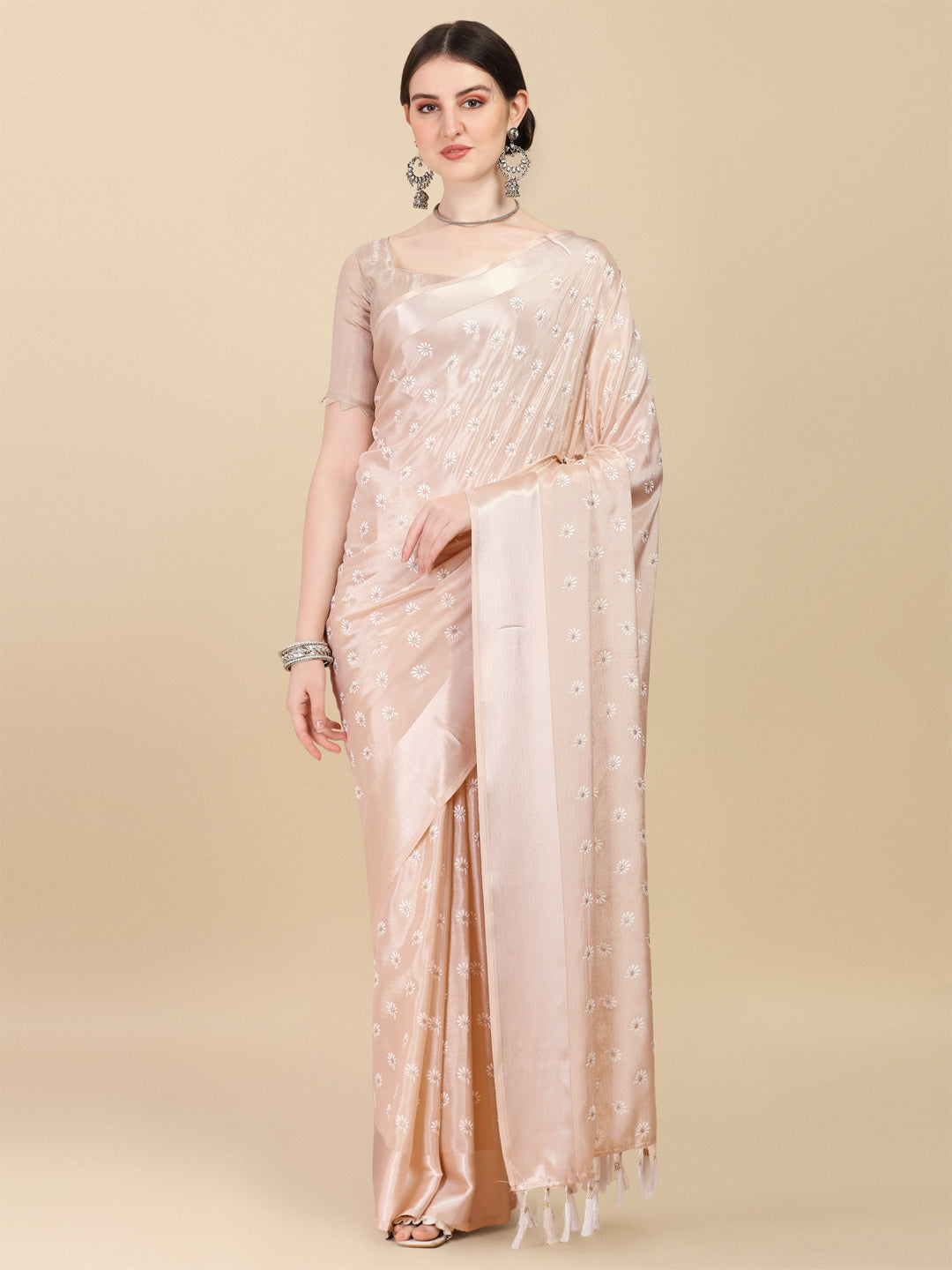 Designer Beige Color Foil Print Chinon Satin Saree