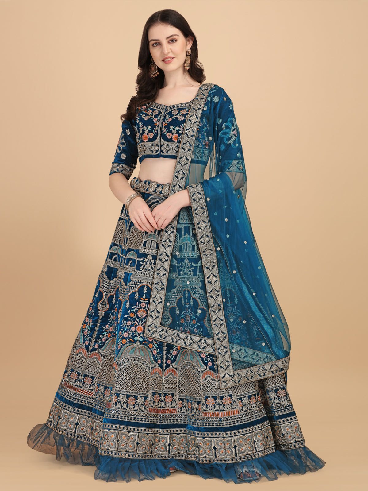 Party Wear Blue Silver-Toned Velvet Lehenga Choli